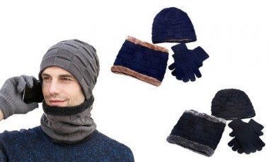 vente privée 1 ou 2 sets avec bonnet, écharpe et gant tactiles pour homme molletonnés