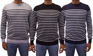 vente privée Pull marinière homme Bill Tornade col rond : Blanc / XXL