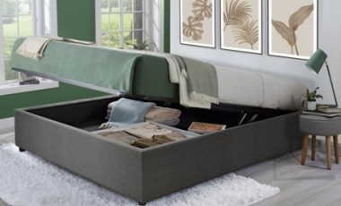 vente privée Lit coffre Ottoman tissu : 140 x 200 cm / Gris foncé / Avec matelas