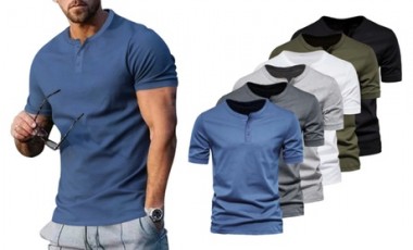 vente privée 1x T-shirt Henley décontracté à manches courtes pour hommes : gris / taille XXL