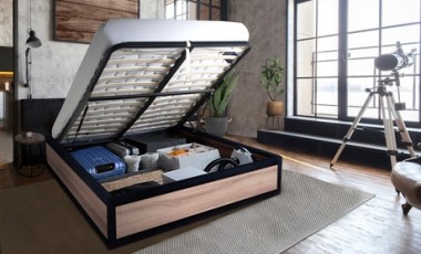 vente privée Lit coffre industriel Boston de Sampur : 140 x 190 cm / Bois clair / Lit + matelas