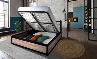 vente privée Lit coffre industriel Chicago de Sampur : 180 x 200 cm / Bois foncé / Avec matelas